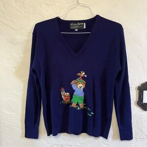 Andreno Argenti Vintage Navy Golf Sweater with Bear Embroidery size large